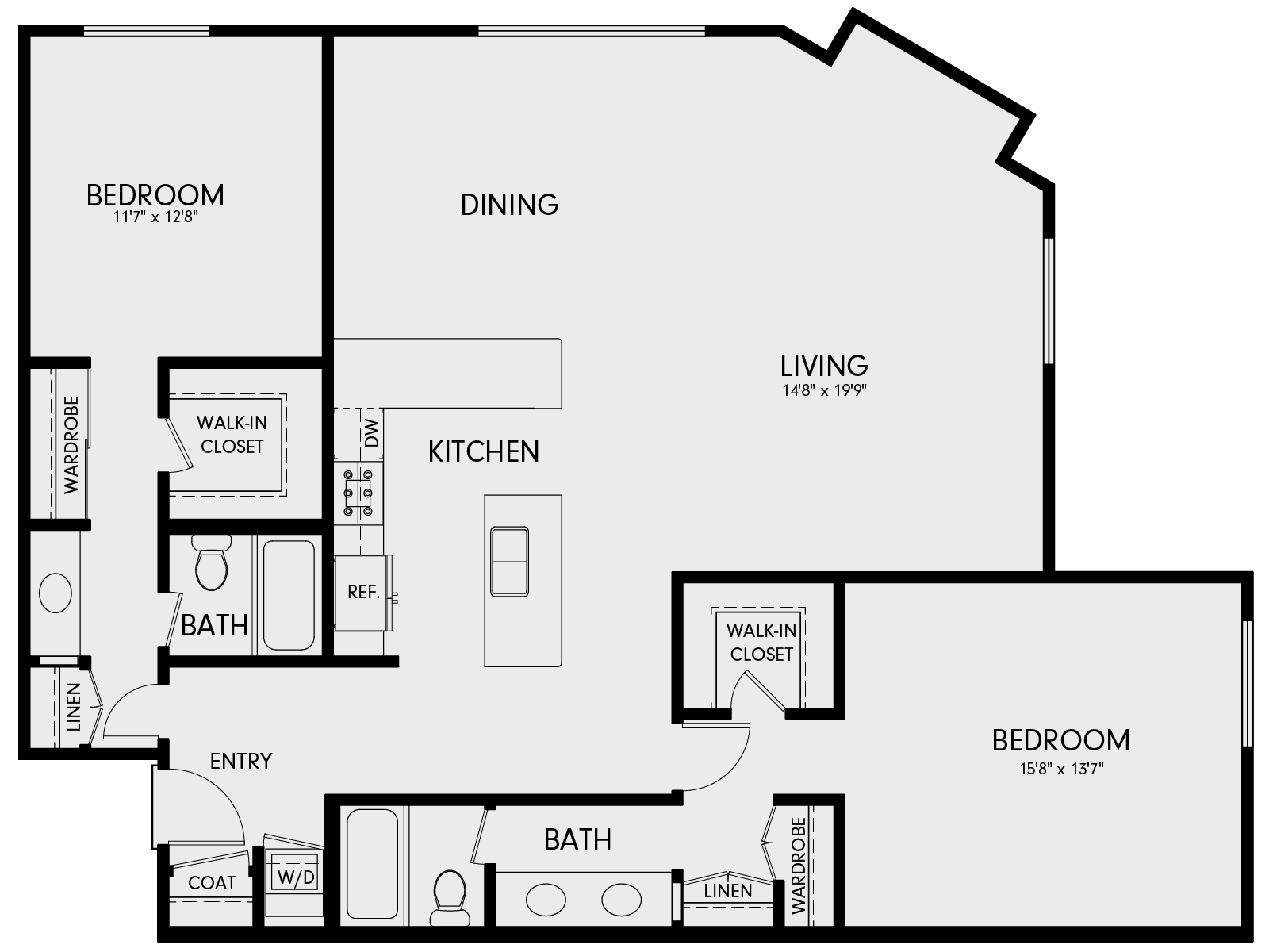 Floor plan for 2 beds, 2 baths, 1530 sqft